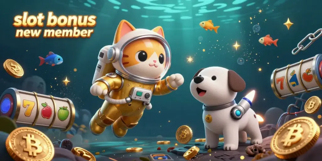 Experience the excitement of slot bonus new member in this vibrant 3D illustration with gaming elements.