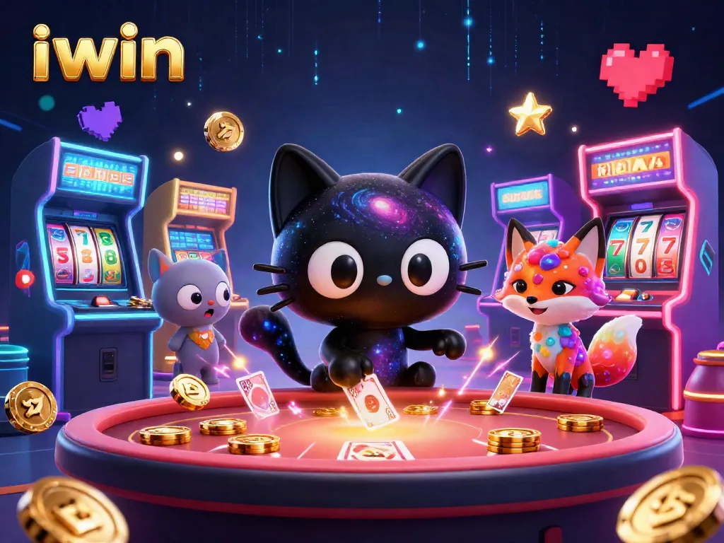 Win big with iwin's cosmic casino featuring a black hole cat and vibrant gaming machines.
