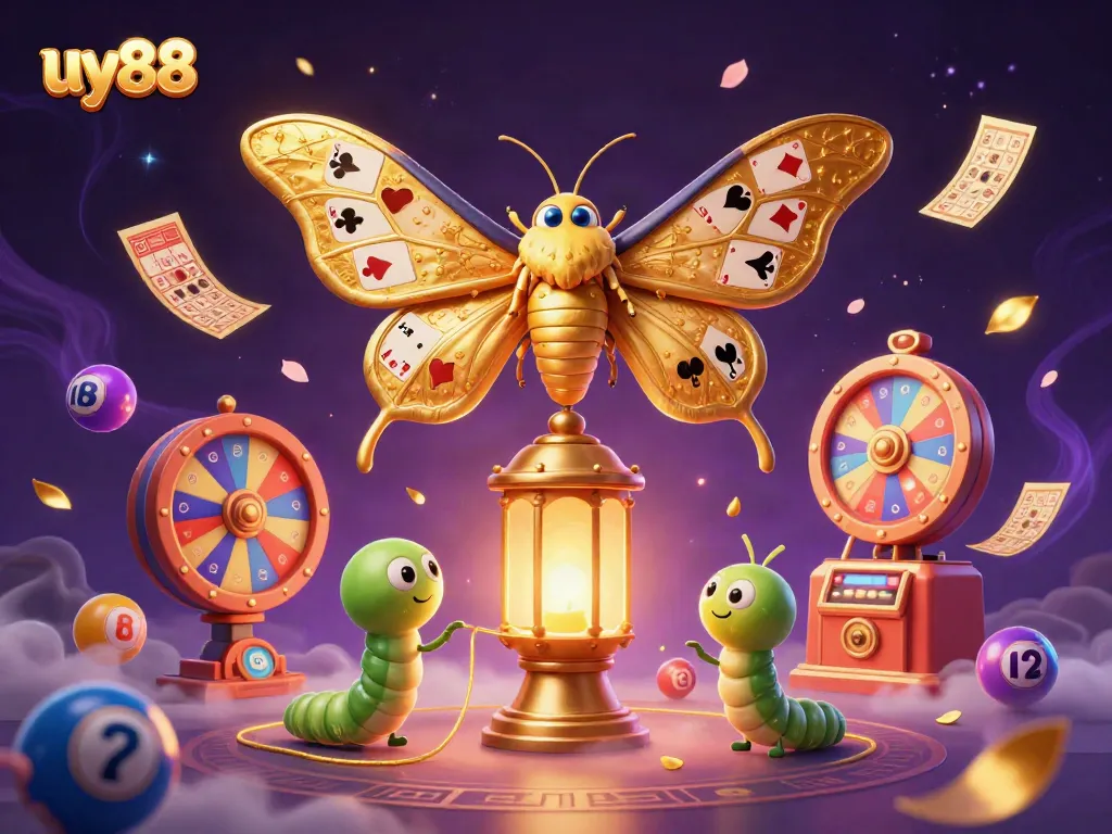 Experience the exciting world of uy88 with golden moths and dynamic lottery elements in vibrant 3D.