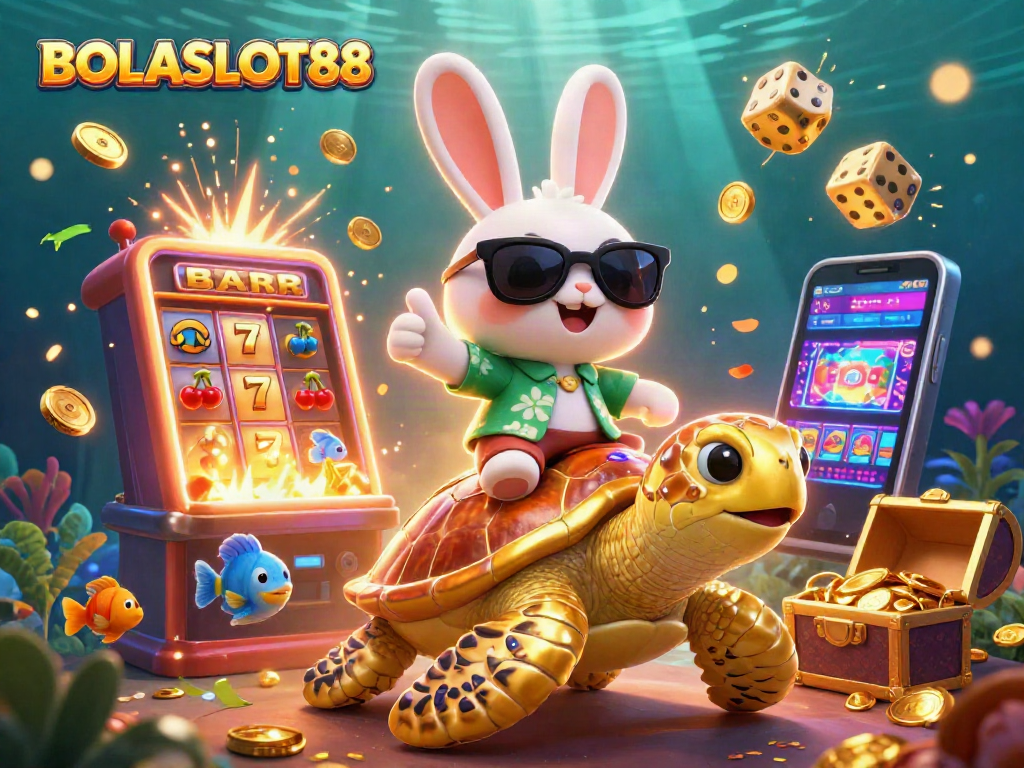 BOLASLOT88 showcases an exhilarating casino scene with a lucky rabbit and golden turtle amidst jackpot chaos.
