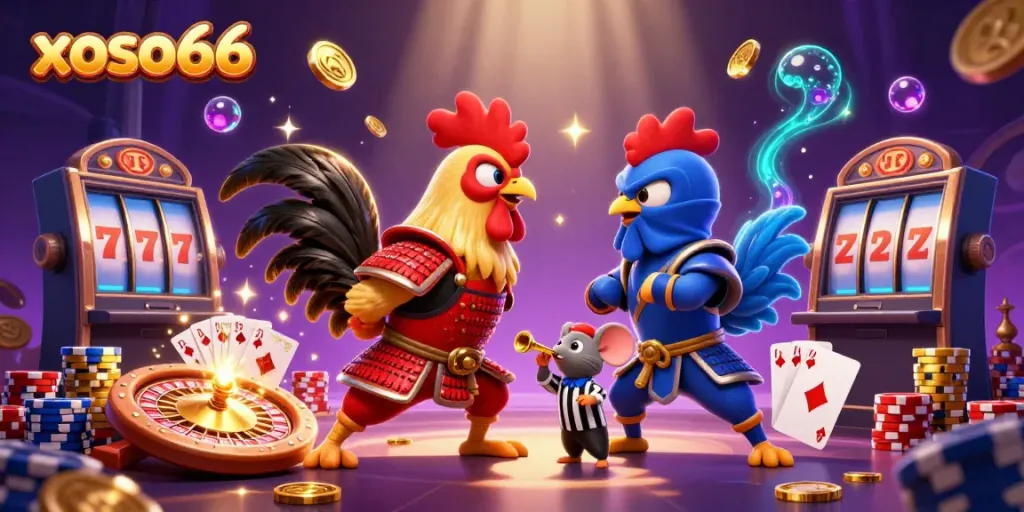 Experience the thrilling standoff of xoso66's samurai and ninja roosters in an action-packed casino scene.