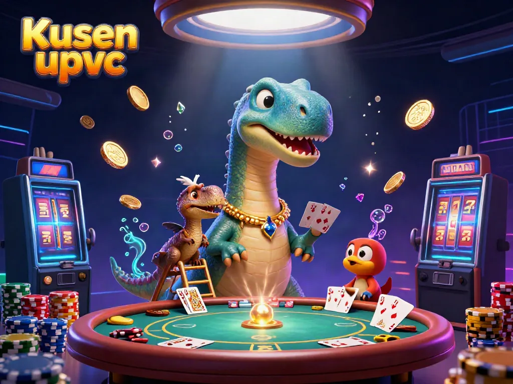 Experience the excitement with Kusen upvc at a unique casino setting featuring playful dinosaurs.