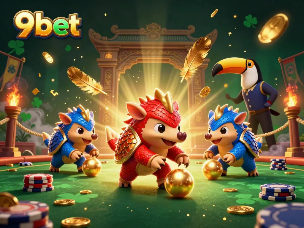 Experience the thrill of 9bet with animated pangolins in a vibrant casino showdown.