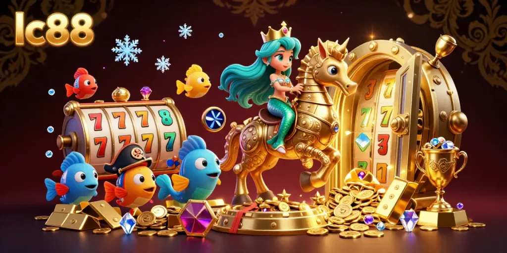 Spin and win at lc88 with a magical 3D illustration highlighting vibrant characters and casino elements.