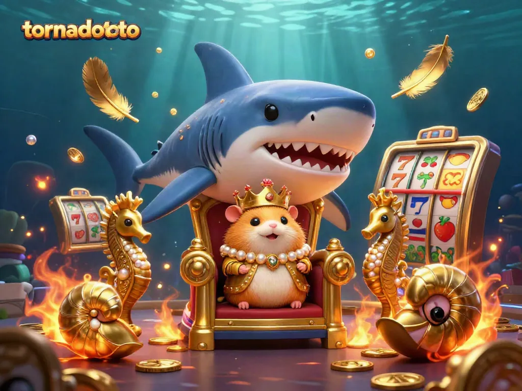 Engage in the excitement of tornadototo with a golden hamster king in a casino-themed underwater scene.