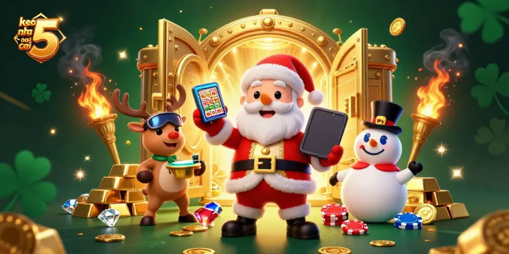 Engage with keo nha cai 5 through a vibrant casino scene featuring Santa, a reindeer dealer, and a poker chip snowman.