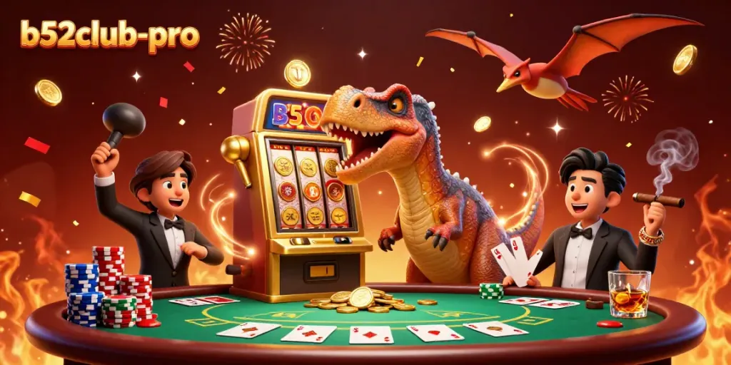 Experience the excitement at b52club-pro with cartoon dinosaurs celebrating a jackpot win.