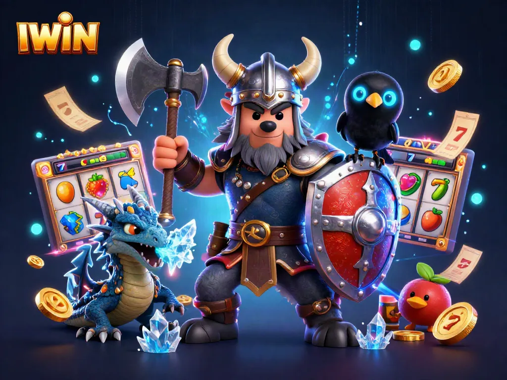 IWIN theme featuring a Viking wolf warrior in a casino scene with slot reels and dynamic betting slips.