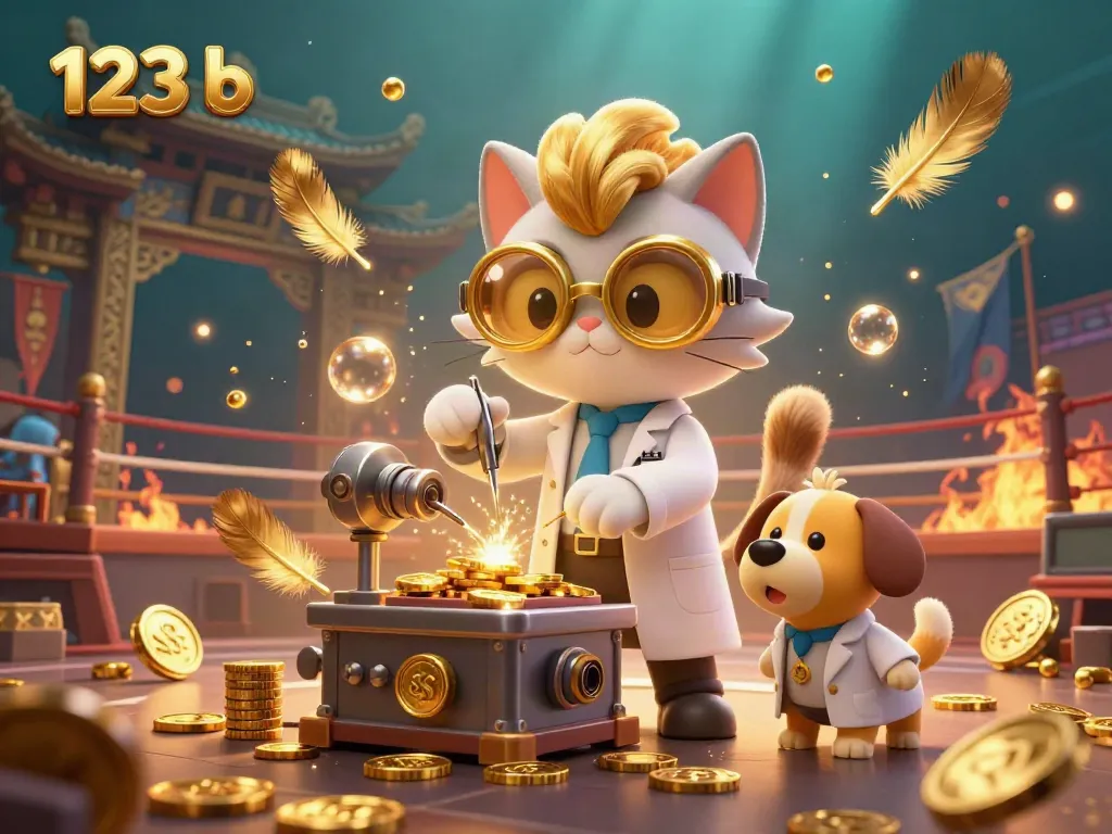Engage in the thrilling action of 123 b as a mad scientist cat and assistant dog conjure winning strategies amidst a vibrant betting environment.
