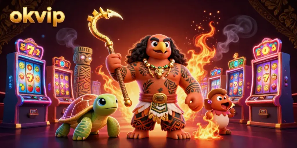 Spin the reels with okvip's vibrant gaming scene featuring a demigod and a turtle!