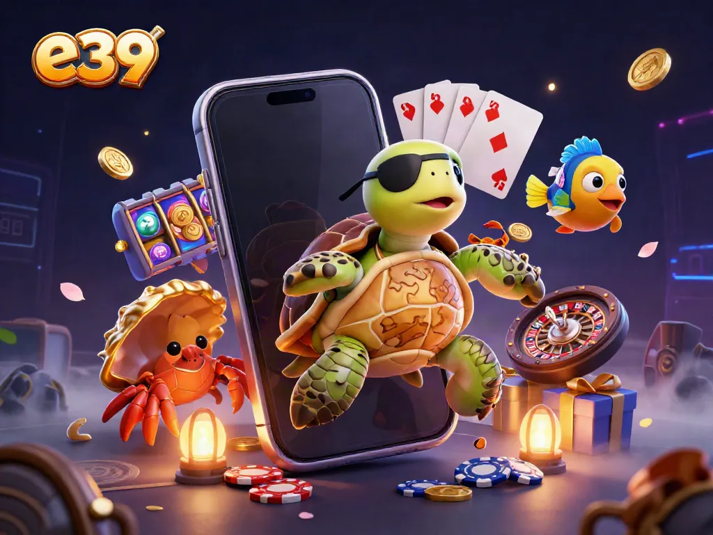 Spin and win with e39's enchanting gaming scene featuring vibrant characters and exciting casino elements.