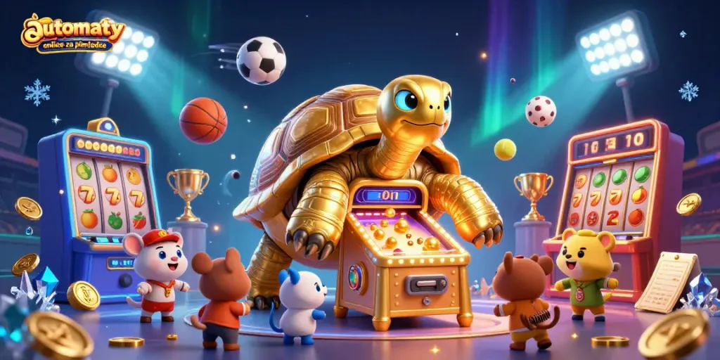 Experience thrilling automaty online za pieniadze with a vibrant illustration of a colossal golden tortoise and slot reel excitement.